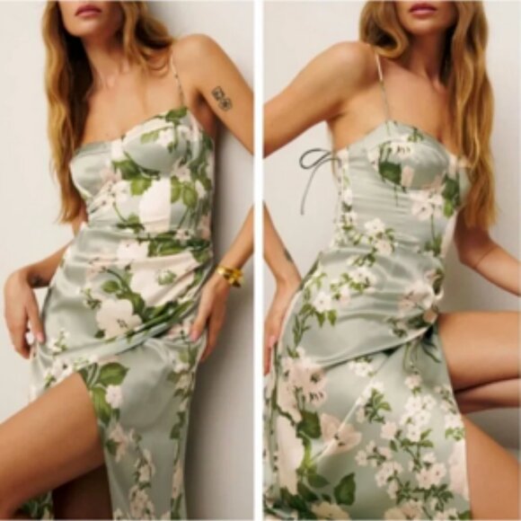 Reformation Marguerite Floral Silk Midi Dress Tarragon Size 2 Cocktail Party NWT - Picture 3 of 14